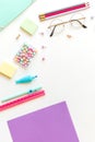 Stationery, girl set in pastel shades. On white background, flatlay, isolated, mock up. Top view. Copy space Royalty Free Stock Photo