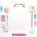 Stationery, girl set in pastel shades. On white background, flatlay, isolated, mock up. Top view. Copy space Royalty Free Stock Photo