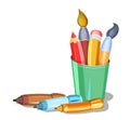 Stationery in a glass. Childrens cartoon style. Markers. Tools for creativity and drawing. Brushes and pencils. Isolated