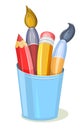 Stationery in a glass. Tools for creativity and drawing. Childrens cute cartoon style. Brushes and pencils. Isolated on Royalty Free Stock Photo