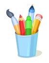 Stationery in a glass. Tools for creativity and drawing. Childrens funny cartoon style. Brushes and pencils. Isolated on Royalty Free Stock Photo