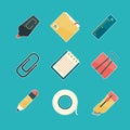 Stationery icon set. Pencil eraser pen paperclip stapler highlighter office supply equipment vector flat symbols Royalty Free Stock Photo