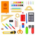 Stationery icons set - rulers, pens, pencils, markers, brushes, paints, watercolor, calculator and other items. School Royalty Free Stock Photo