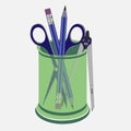 Stationery illustration. Image of scissors, pencils and compasses in a container. Office tools