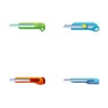 Stationery knife icons set cartoon . Plastic cutting tool for office