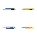Stationery knife icons set cartoon vector. Plastic cutting tool for office Royalty Free Stock Photo