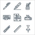 stationery line icons. linear set. quality vector line set such as push pin, ruler, cutter, pencil case, dossier, printer, inkwell