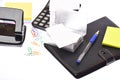 Stationery: notebook, hole punch, card holder, notes, pen and clips Royalty Free Stock Photo