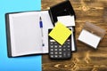 Stationery and open leather covered notebook as business concept Royalty Free Stock Photo
