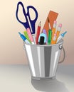 Stationery in pencil holder, vector illustration