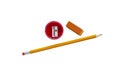 Stationery: pencils, eraser, sharpener top view