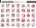 Stationery red black complex flat line icon vector illustration set. School business office supplies symbols collection