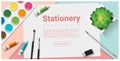 Stationery scene mock up with art supplies on colorful background