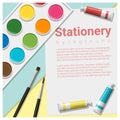 Stationery scene mock up with art supplies on colorful background