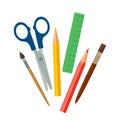 Stationery for school or office. stationery scissors, colored pencils, brushes