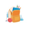 Stationery for school vector illustration. Backpack with ruler pencil notebook paintbrush scissors and calculator flat