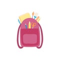 Stationery for school vector illustration. Backpack with ruler pencil notebook paintbrush scissors and calculator flat