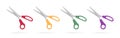 Stationery scissors realistic collection vector illustration. Office cutters with rings handles of different color and
