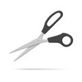 Stationery scissors realistic 3d vector illustration. Office cutters with rings black handles steel blade.