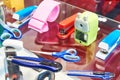 Stationery scissors, staplers in shop
