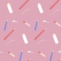 Stationery seamless pattern, pen and pencils, marker on pink background