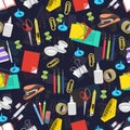 Stationery seamless pattern, vector background. Multicolor office tools on a dark blue backdrop. For wallpaper design