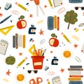 Stationery seamless pattern. Vector various school supplies on a white background. Back to school wallpaper. Royalty Free Stock Photo