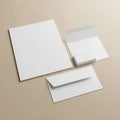 Stationery set on a beige surface includes a blank sheet of paper, a closed envelope, an Royalty Free Stock Photo