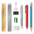 Stationery set 3d objects isolated on white background vector clipart illustration, collection office supplies items on table Royalty Free Stock Photo