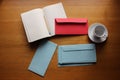 Stationery set with envelopes, notebook, pencil and a cup