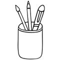 Ballpoint pen, paint brush and pencil. Pencil case. Sketch. Vector. Outline on an isolated background. Doodle style. Royalty Free Stock Photo