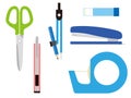 Stationery set including scissors, cellophane tape, glue stick, compass, etc Royalty Free Stock Photo