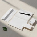 Stationery set on a light wooden surface includes a white envelope, open notebook, p Royalty Free Stock Photo