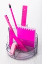 Stationery set of pink color in plastic organizer on table