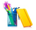 Stationery set in stand and notebook diary Royalty Free Stock Photo