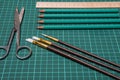 Stationery set studio image. Office, school supplies. Scissors, brushes, pencils. Royalty Free Stock Photo