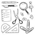 Stationery sketch set - scissors pencil pen button isolated on white background Royalty Free Stock Photo