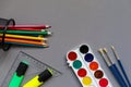 Stationery for students, students on a grey background. Ready for school Royalty Free Stock Photo