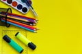 Stationery for students, students on a yellow background. Ready for school Royalty Free Stock Photo