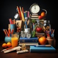 Stationery supplies or school and office supplies, pencils, pens, books on the table Royalty Free Stock Photo