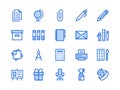 Stationery Supplies Store Blue Line Icon. Vector Illustration Flat style. Included Icons as Office Furniture, Printer Royalty Free Stock Photo