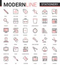 Stationery thin red black line icon vector illustration set, linear school and business office supplies symbols Royalty Free Stock Photo