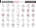 Stationery thin red black line icon vector illustration set, linear school and business office supplies symbols Royalty Free Stock Photo