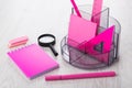 Stationery tools, notepad, magnifying glass, eraser and pen on t Royalty Free Stock Photo