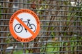 Stationnement interdit aux velos french text sign means parking prohibited for bicycles Royalty Free Stock Photo