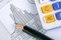 Statistic chart, pencil and calculator Royalty Free Stock Photo