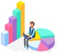 Statistical business report in form of pie and bar charts. Businessman analyzes statistics