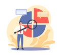 Statistical data analysis. Audit, research, businessman examines segmented graphs and charts with large magnifying glass, market Royalty Free Stock Photo