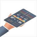 Statistical data presented in the form of digital graphs and charts on the tablet in the hand of a businessman Royalty Free Stock Photo