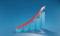 Statistics business 3d graph bar chart. 3D rendering infographic with red arrow steps growing on a blue background. Concept Royalty Free Stock Photo